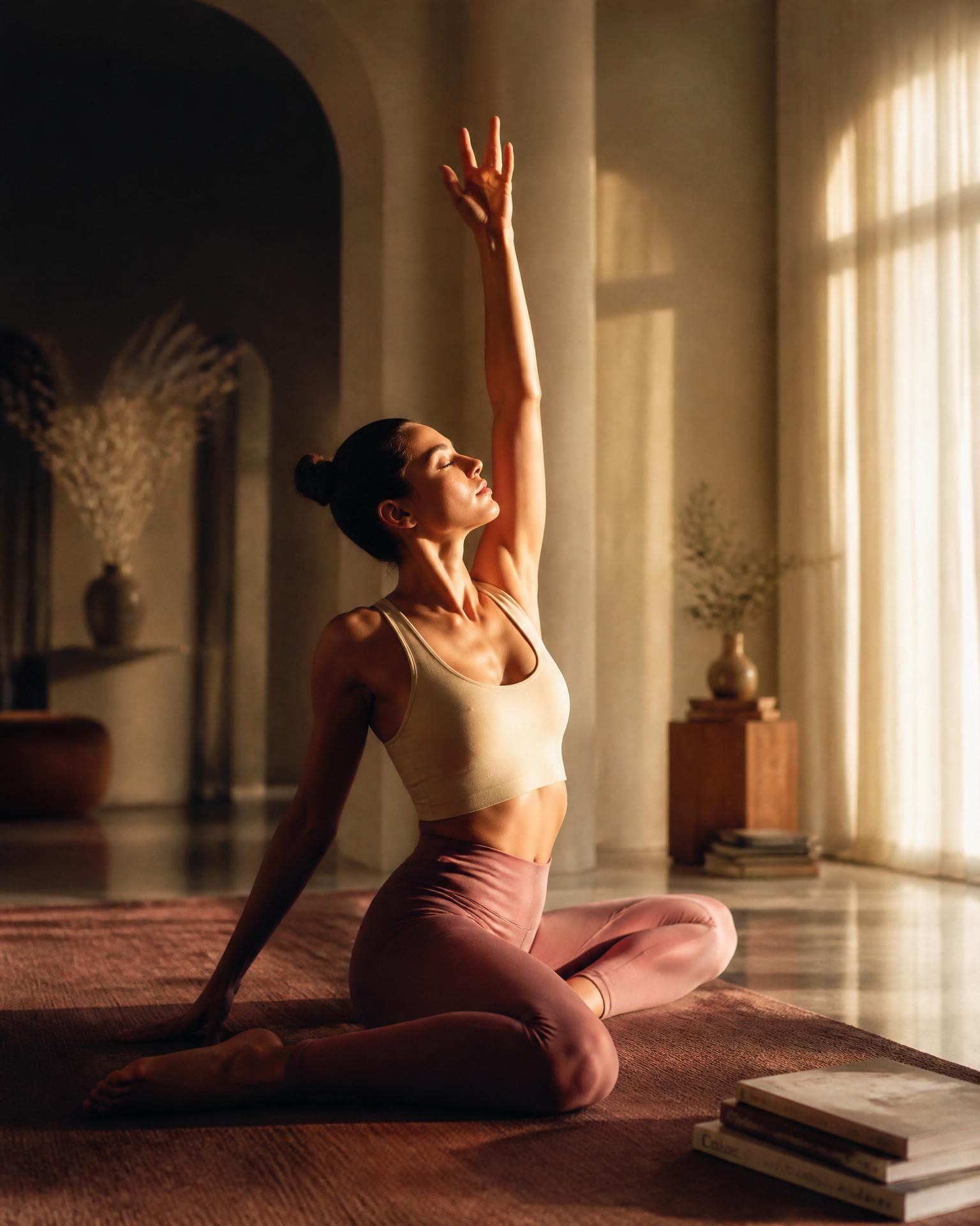 Mulher praticando yoga em casa
